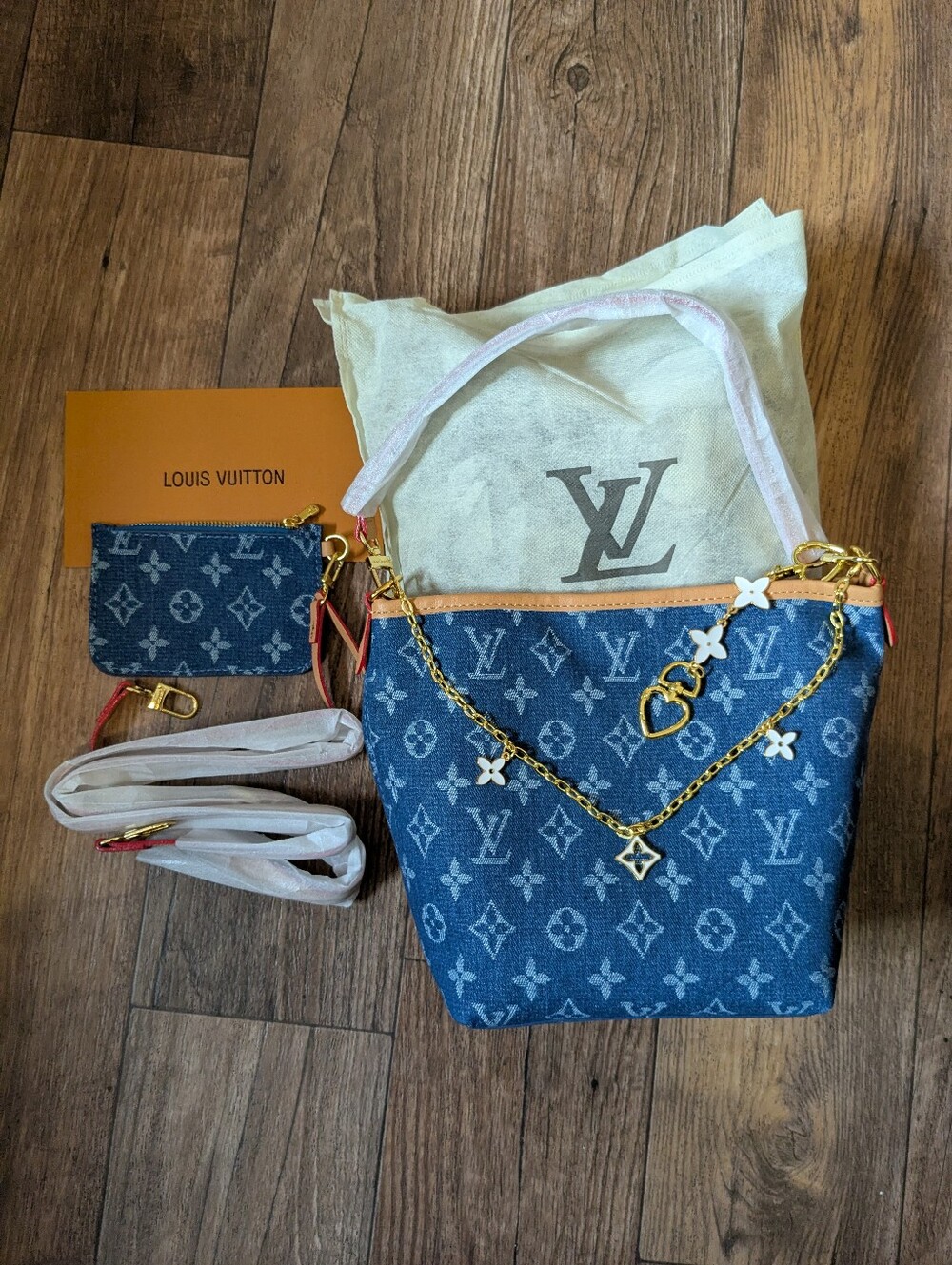 Cute Blue Denim Monogram Shoulder/Bucket Bag/Purse with Gold Charm Chains
